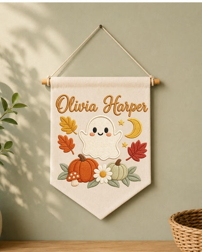 Personalized Halloween Ghost Wall Hanging, Custom Name Embroidered Banner, Cute Pumpkin Fall Nursery Decor, Spooky Season Baby Gift