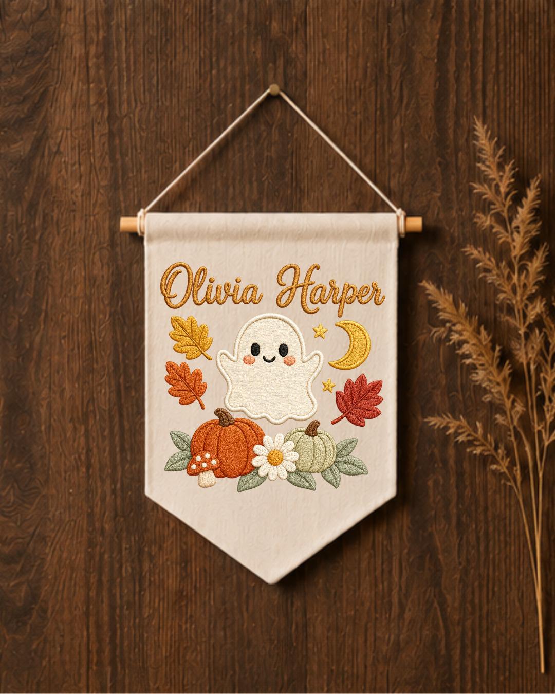 Personalized Halloween Ghost Wall Hanging, Custom Name Embroidered Banner, Cute Pumpkin Fall Nursery Decor, Spooky Season Baby Gift