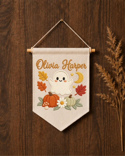 Personalized Halloween Ghost Wall Hanging, Custom Name Embroidered Banner, Cute Pumpkin Fall Nursery Decor, Spooky Season Baby Gift