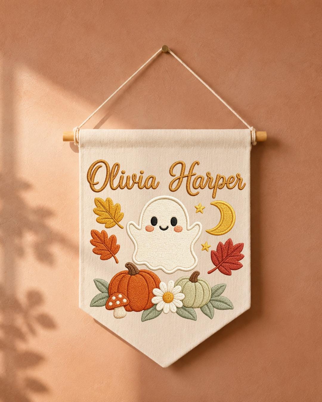 Personalized Halloween Ghost Wall Hanging, Custom Name Embroidered Banner, Cute Pumpkin Fall Nursery Decor, Spooky Season Baby Gift