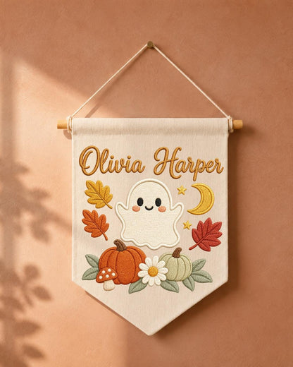 Personalized Halloween Ghost Wall Hanging, Custom Name Embroidered Banner, Cute Pumpkin Fall Nursery Decor, Spooky Season Baby Gift