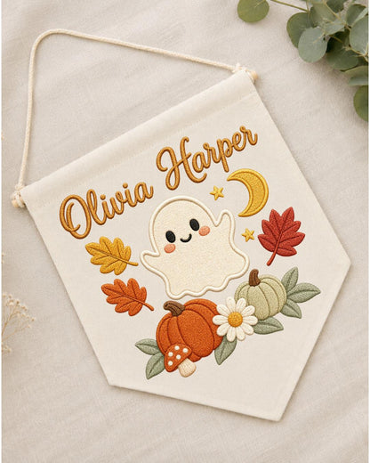 Personalized Halloween Ghost Wall Hanging, Custom Name Embroidered Banner, Cute Pumpkin Fall Nursery Decor, Spooky Season Baby Gift