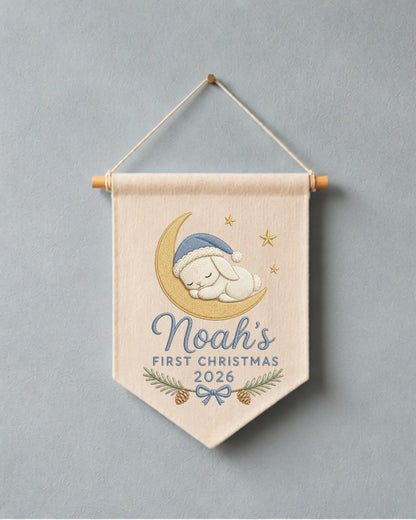 Personalized First Christmas Wall Hanging, Custom Name Embroidered Bunny Banner, Baby Boy Christmas Nursery Decor, Newborn Keepsake Gift