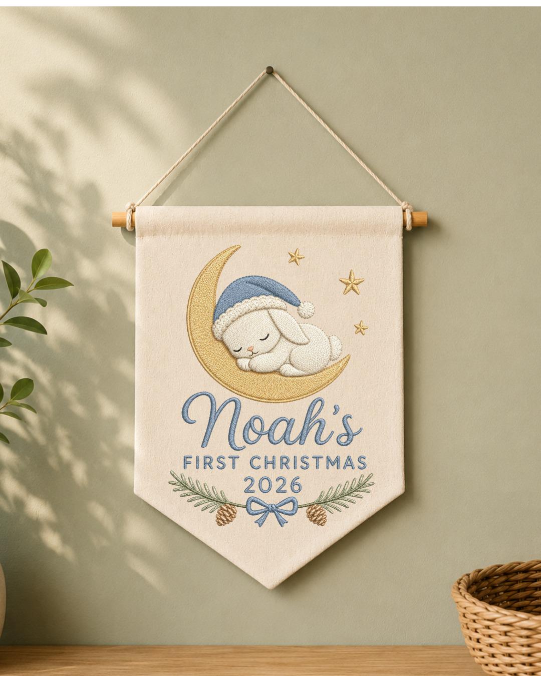 Personalized First Christmas Wall Hanging, Custom Name Embroidered Bunny Banner, Baby Boy Christmas Nursery Decor, Newborn Keepsake Gift