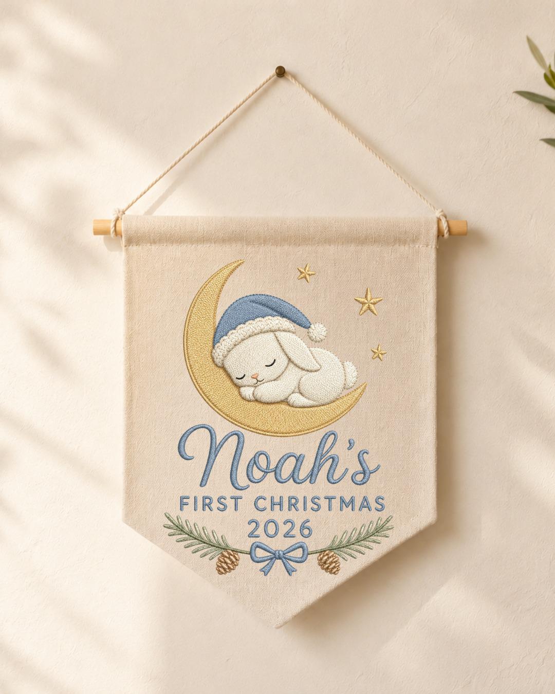 Personalized First Christmas Wall Hanging, Custom Name Embroidered Bunny Banner, Baby Boy Christmas Nursery Decor, Newborn Keepsake Gift
