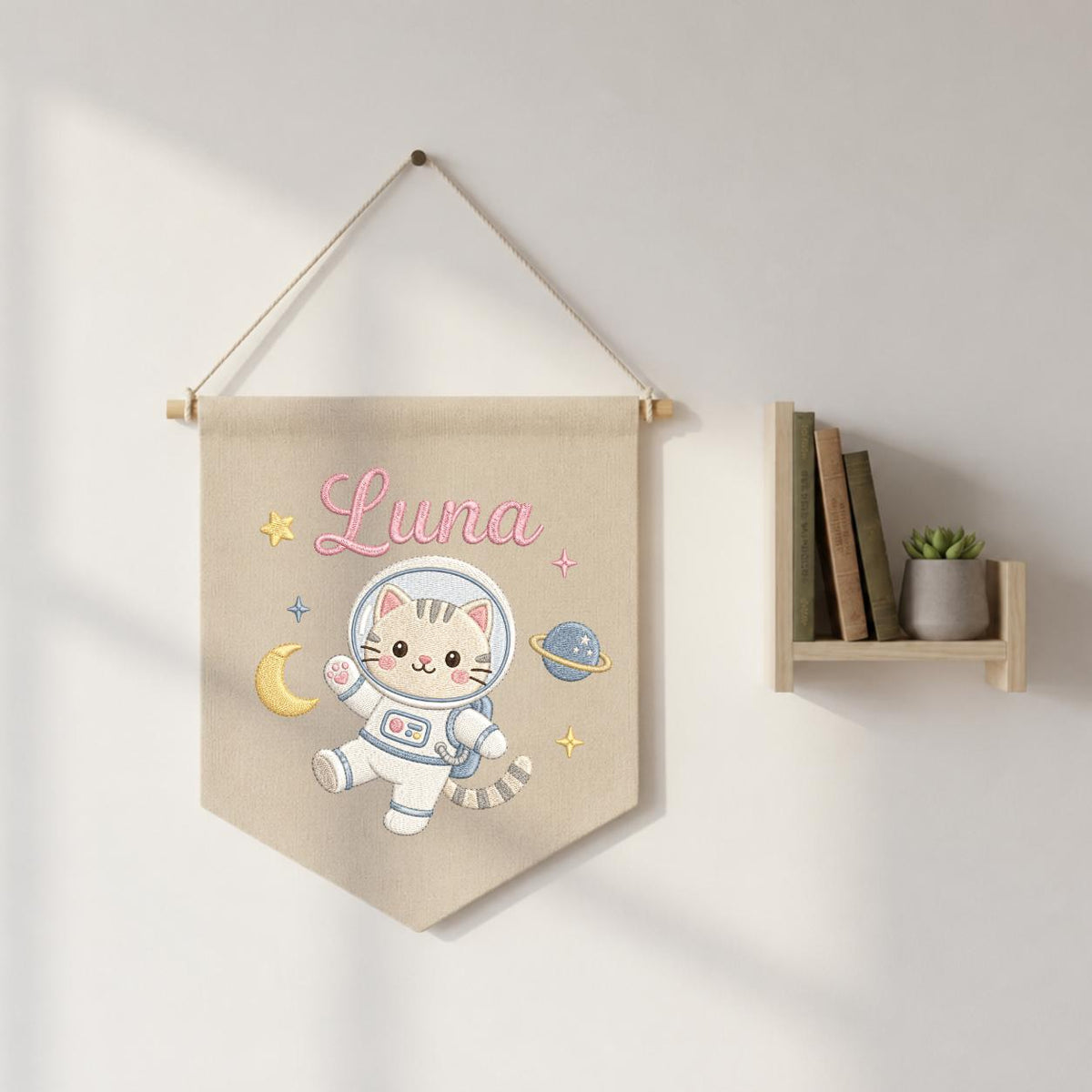 Personalized Embroidered Space Cat Banner, Custom Luna Name Nursery Decor