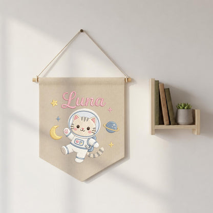 Personalized Embroidered Space Cat Banner, Custom Luna Name Nursery Decor