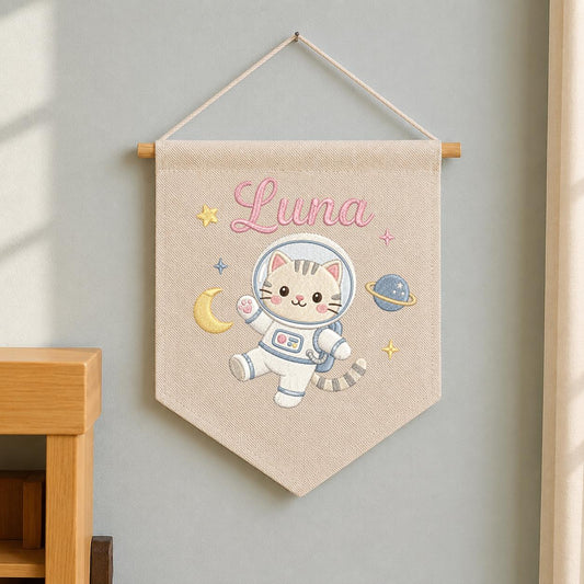 Personalized Embroidered Space Cat Banner, Custom Luna Name Nursery Decor