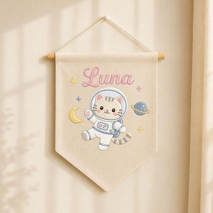 Personalized Embroidered Space Cat Banner, Custom Luna Name Nursery Decor