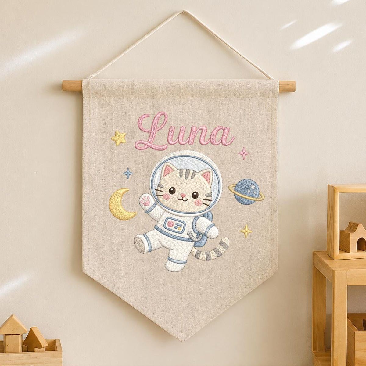Personalized Embroidered Space Cat Banner, Custom Luna Name Nursery Decor