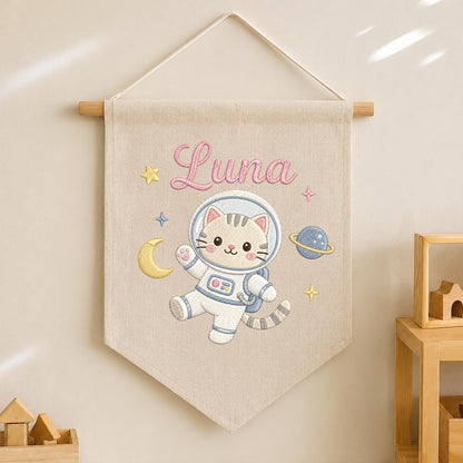 Personalized Embroidered Space Cat Banner, Custom Luna Name Nursery Decor