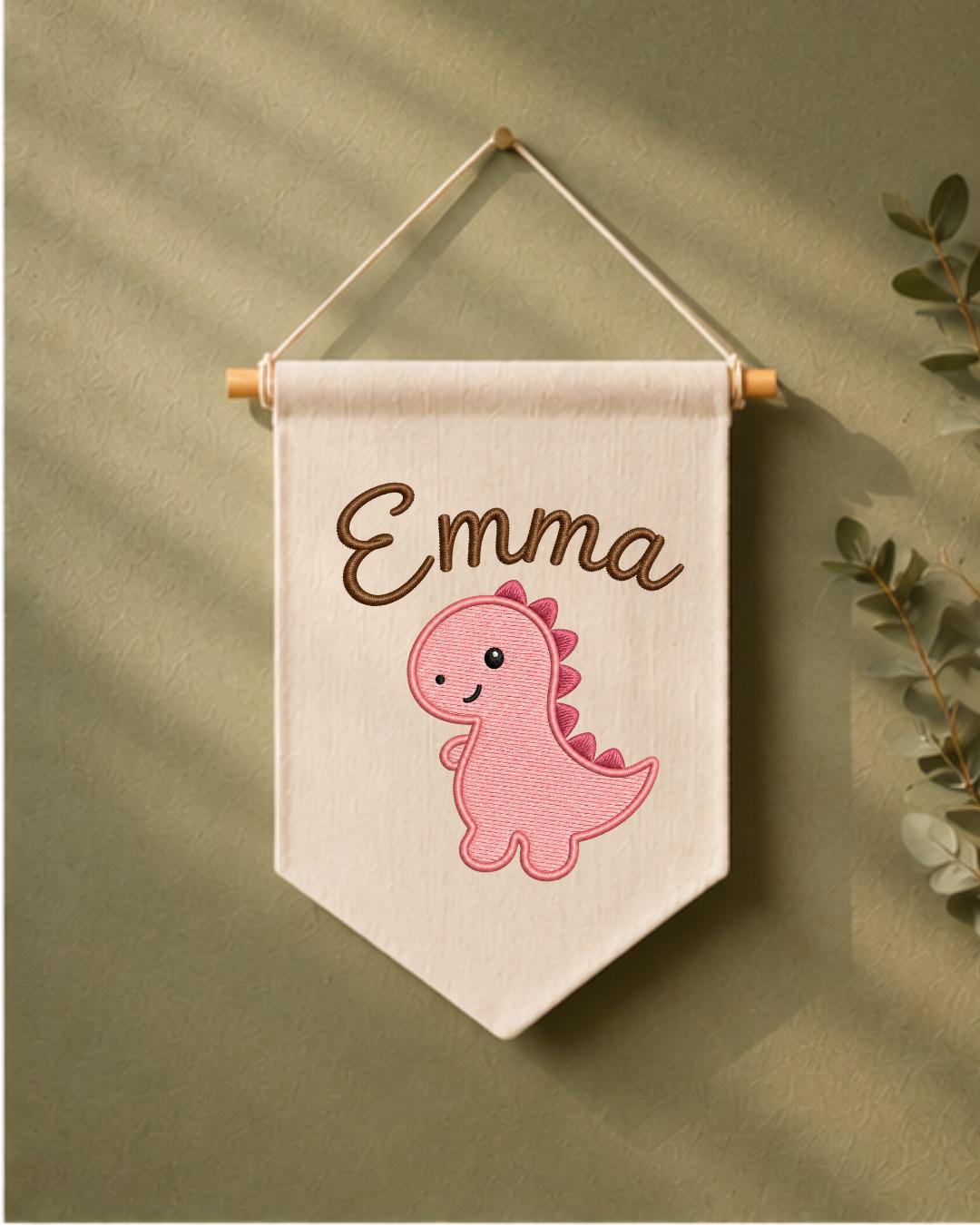 Personalized Dinosaur Nursery Wall Hanging, Custom Name Embroidered Banner, Pink Dino Baby Girl Room Decor, Cute Nursery Gift