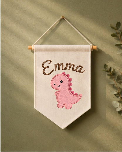 Personalized Dinosaur Nursery Wall Hanging, Custom Name Embroidered Banner, Pink Dino Baby Girl Room Decor, Cute Nursery Gift
