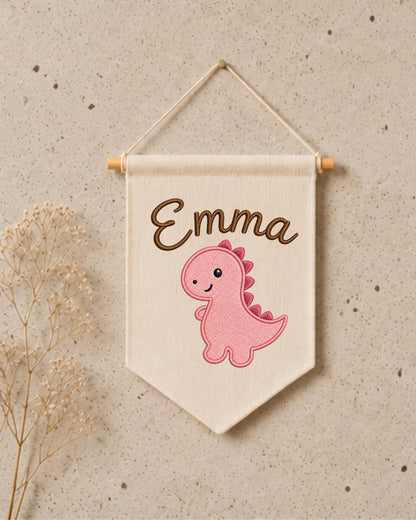 Personalized Dinosaur Nursery Wall Hanging, Custom Name Embroidered Banner, Pink Dino Baby Girl Room Decor, Cute Nursery Gift