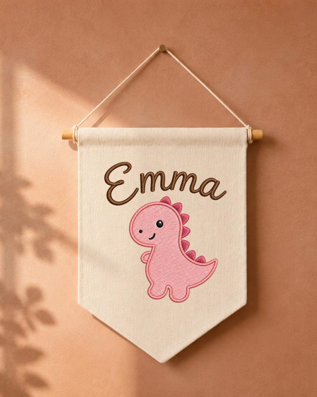 Personalized Dinosaur Nursery Wall Hanging, Custom Name Embroidered Banner, Pink Dino Baby Girl Room Decor, Cute Nursery Gift