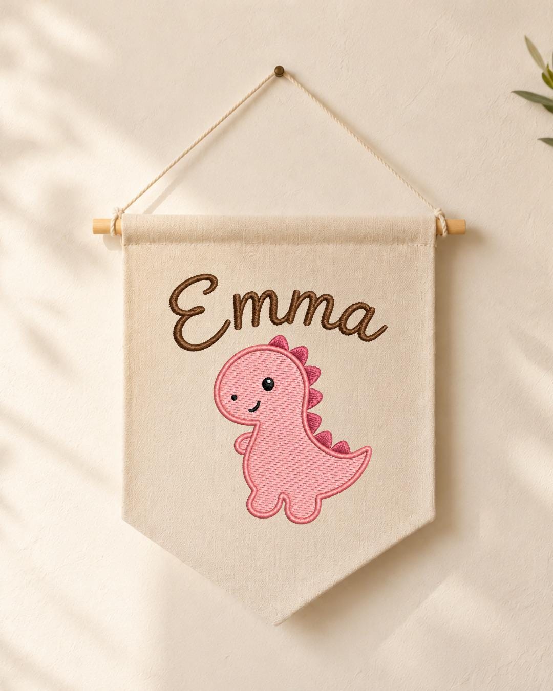 Personalized Dinosaur Nursery Wall Hanging, Custom Name Embroidered Banner, Pink Dino Baby Girl Room Decor, Cute Nursery Gift