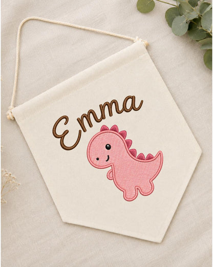 Personalized Dinosaur Nursery Wall Hanging, Custom Name Embroidered Banner, Pink Dino Baby Girl Room Decor, Cute Nursery Gift
