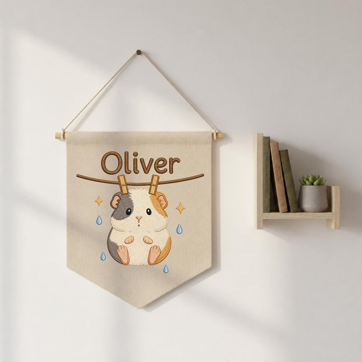 Embroidered Guinea Pig Linen Banner, Custom Name Nursery Wall Hanging