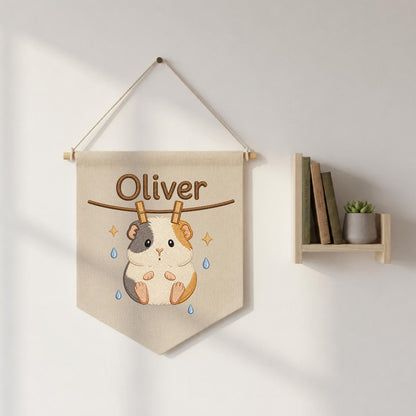 Embroidered Guinea Pig Linen Banner, Custom Name Nursery Wall Hanging