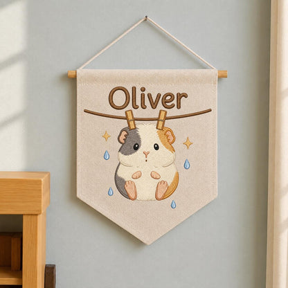 Embroidered Guinea Pig Linen Banner, Custom Name Nursery Wall Hanging