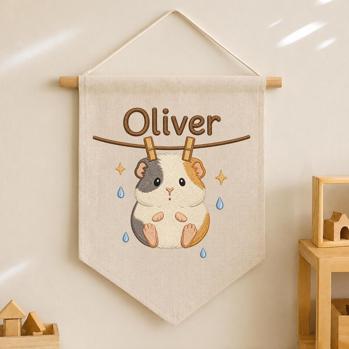 Embroidered Guinea Pig Linen Banner, Custom Name Nursery Wall Hanging