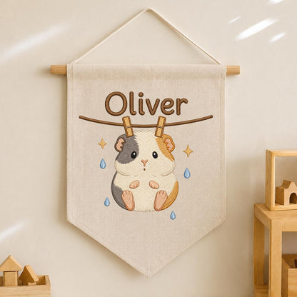 Embroidered Guinea Pig Linen Banner, Custom Name Nursery Wall Hanging