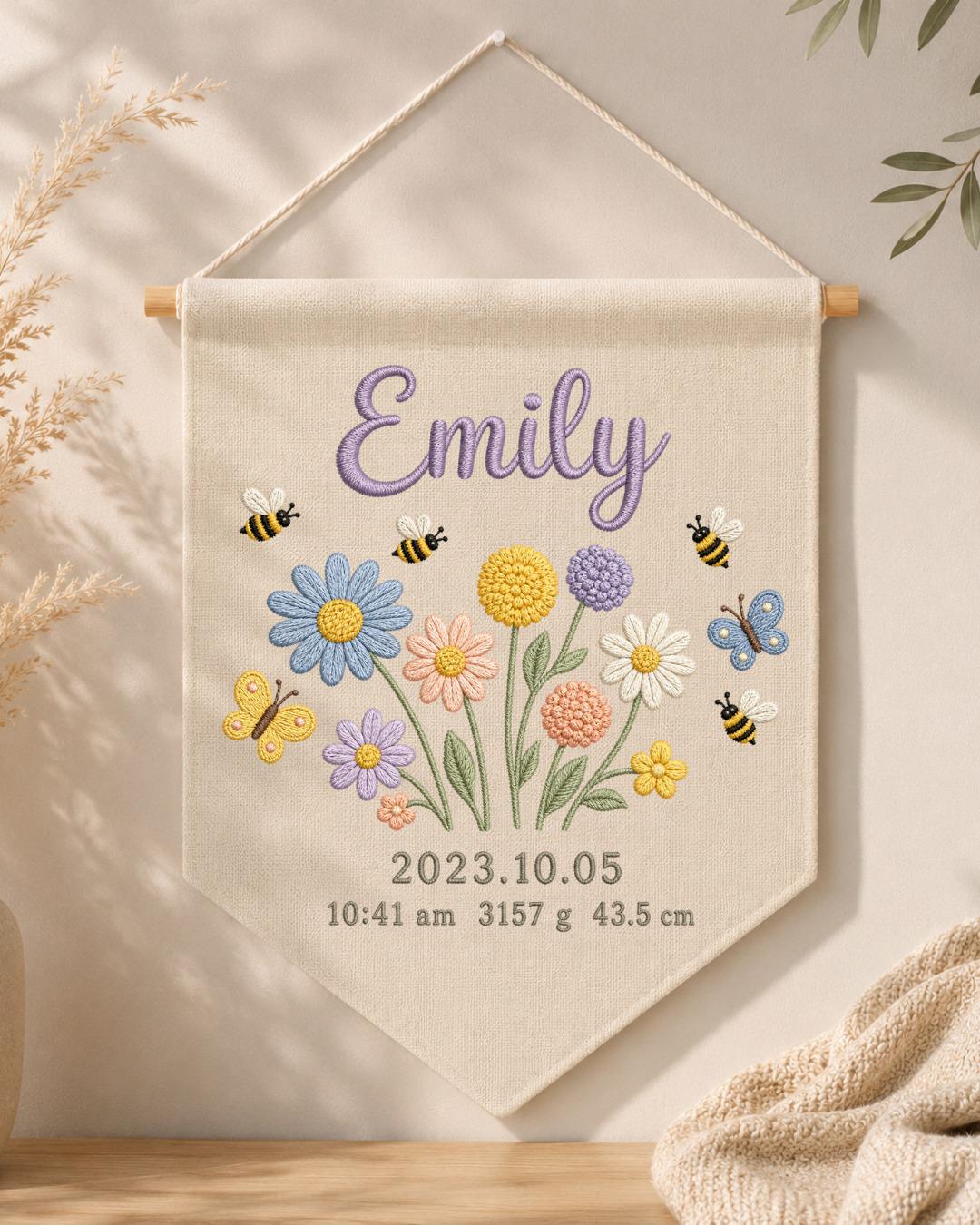 Personalized Baby Birth Stats Wall Hanging, Custom Name Embroidered Floral Banner, Wildflower Nursery Decor, Newborn Keepsake Gift