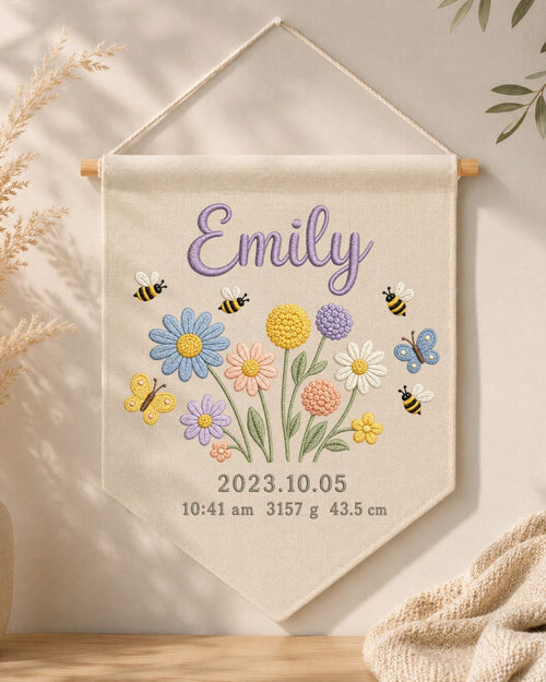 Personalized Baby Birth Stats Wall Hanging, Custom Name Embroidered Floral Banner, Wildflower Nursery Decor, Newborn Keepsake Gift
