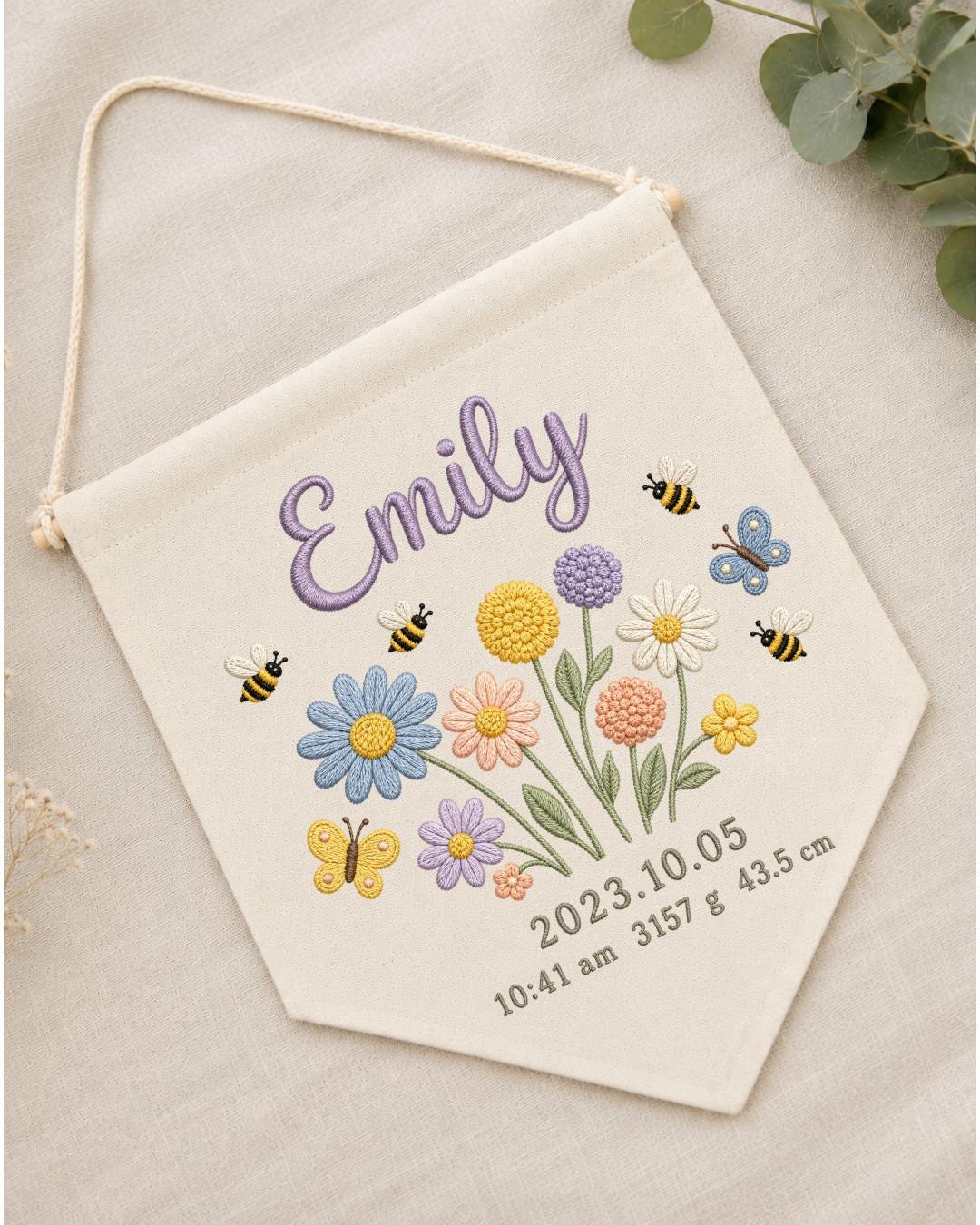 Personalized Baby Birth Stats Wall Hanging, Custom Name Embroidered Floral Banner, Wildflower Nursery Decor, Newborn Keepsake Gift