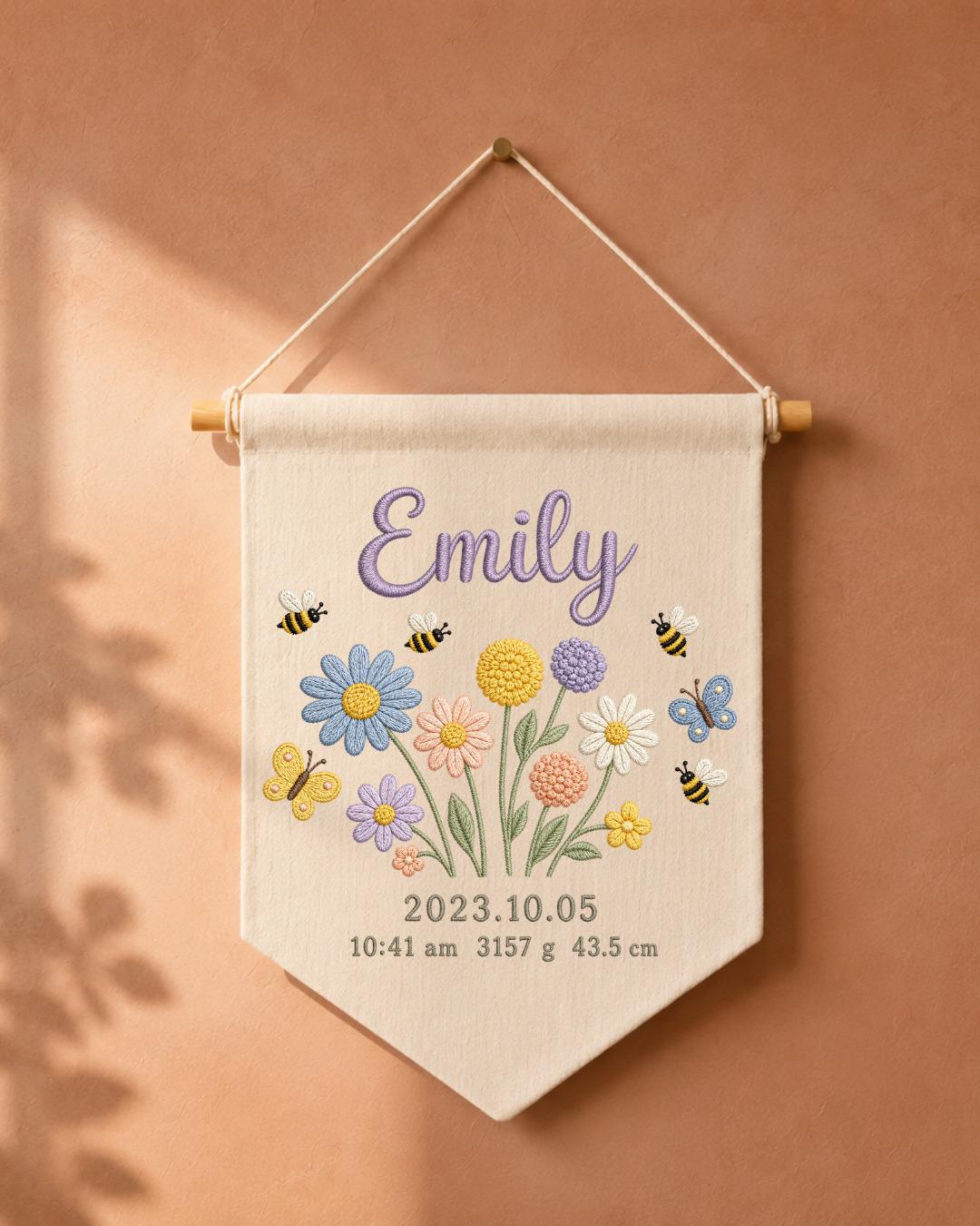 Personalized Baby Birth Stats Wall Hanging, Custom Name Embroidered Floral Banner, Wildflower Nursery Decor, Newborn Keepsake Gift