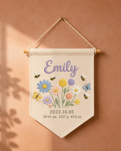 Personalized Baby Birth Stats Wall Hanging, Custom Name Embroidered Floral Banner, Wildflower Nursery Decor, Newborn Keepsake Gift