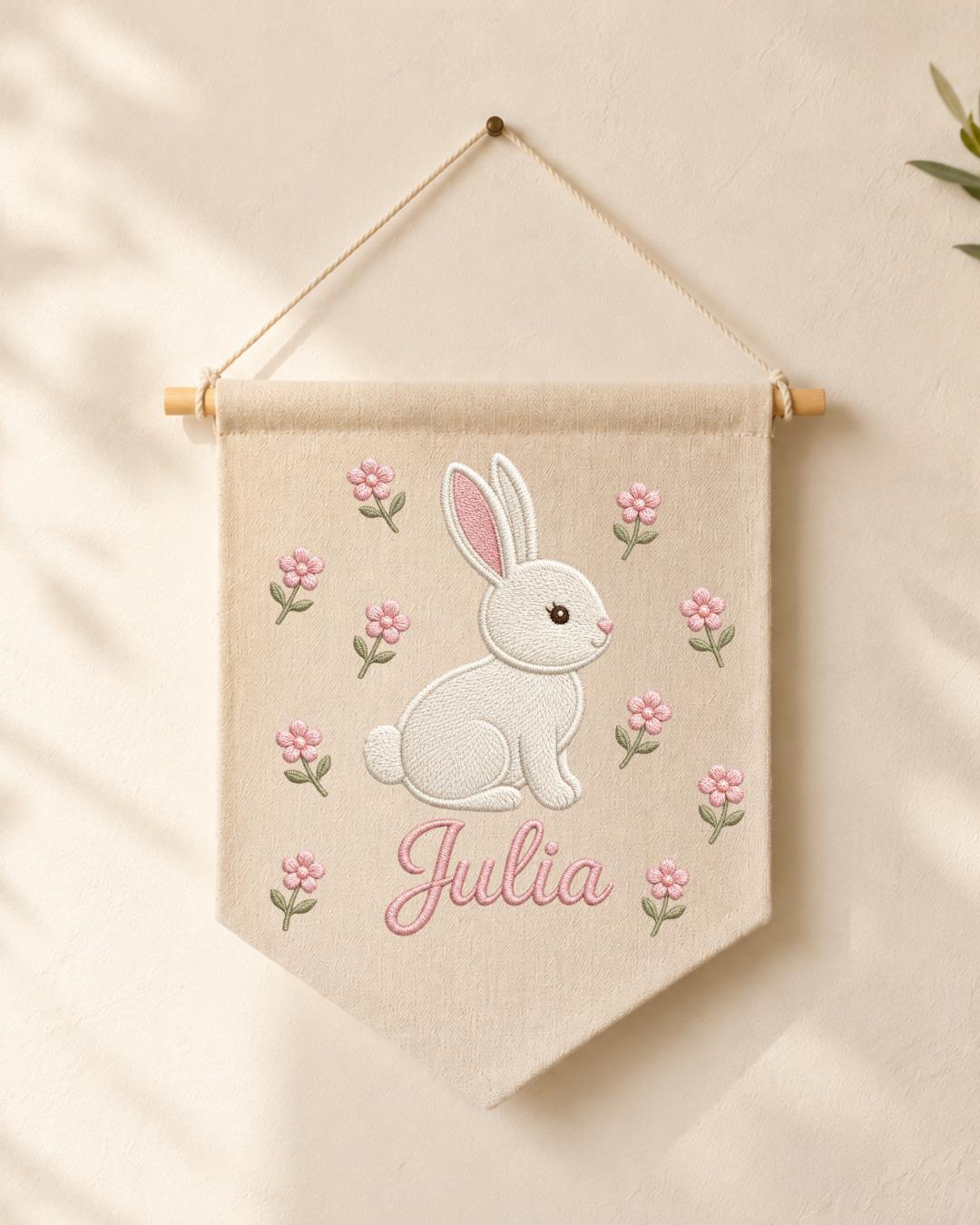 Personalized Bunny Nursery Wall Hanging, Custom Name Embroidered Banner, Floral Baby Girl Room Decor, Rabbit Nursery Art, Baby Shower Gift