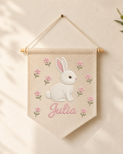 Personalized Bunny Nursery Wall Hanging, Custom Name Embroidered Banner, Floral Baby Girl Room Decor, Rabbit Nursery Art, Baby Shower Gift