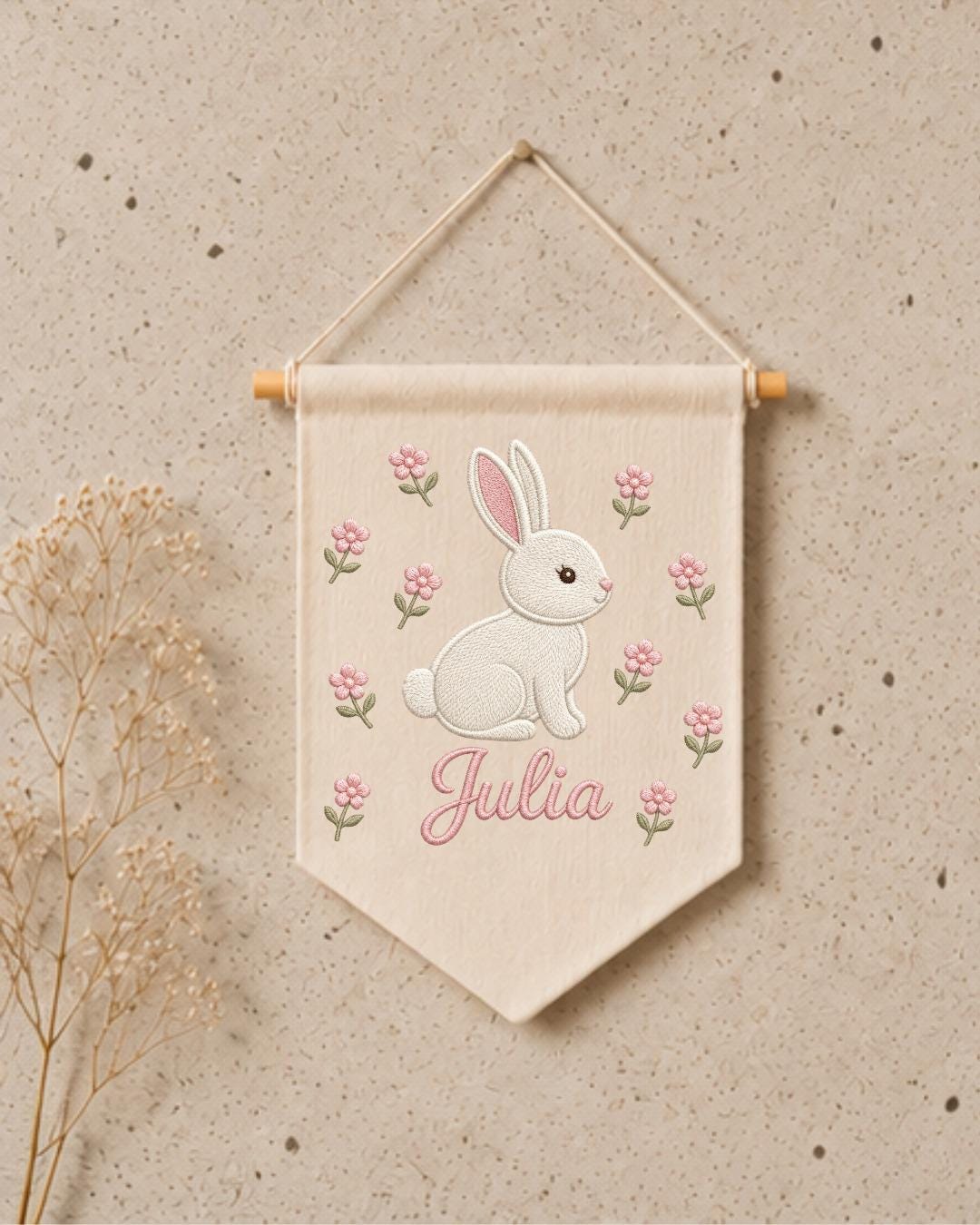 Personalized Bunny Nursery Wall Hanging, Custom Name Embroidered Banner, Floral Baby Girl Room Decor, Rabbit Nursery Art, Baby Shower Gift