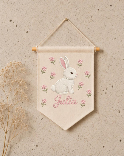 Personalized Bunny Nursery Wall Hanging, Custom Name Embroidered Banner, Floral Baby Girl Room Decor, Rabbit Nursery Art, Baby Shower Gift