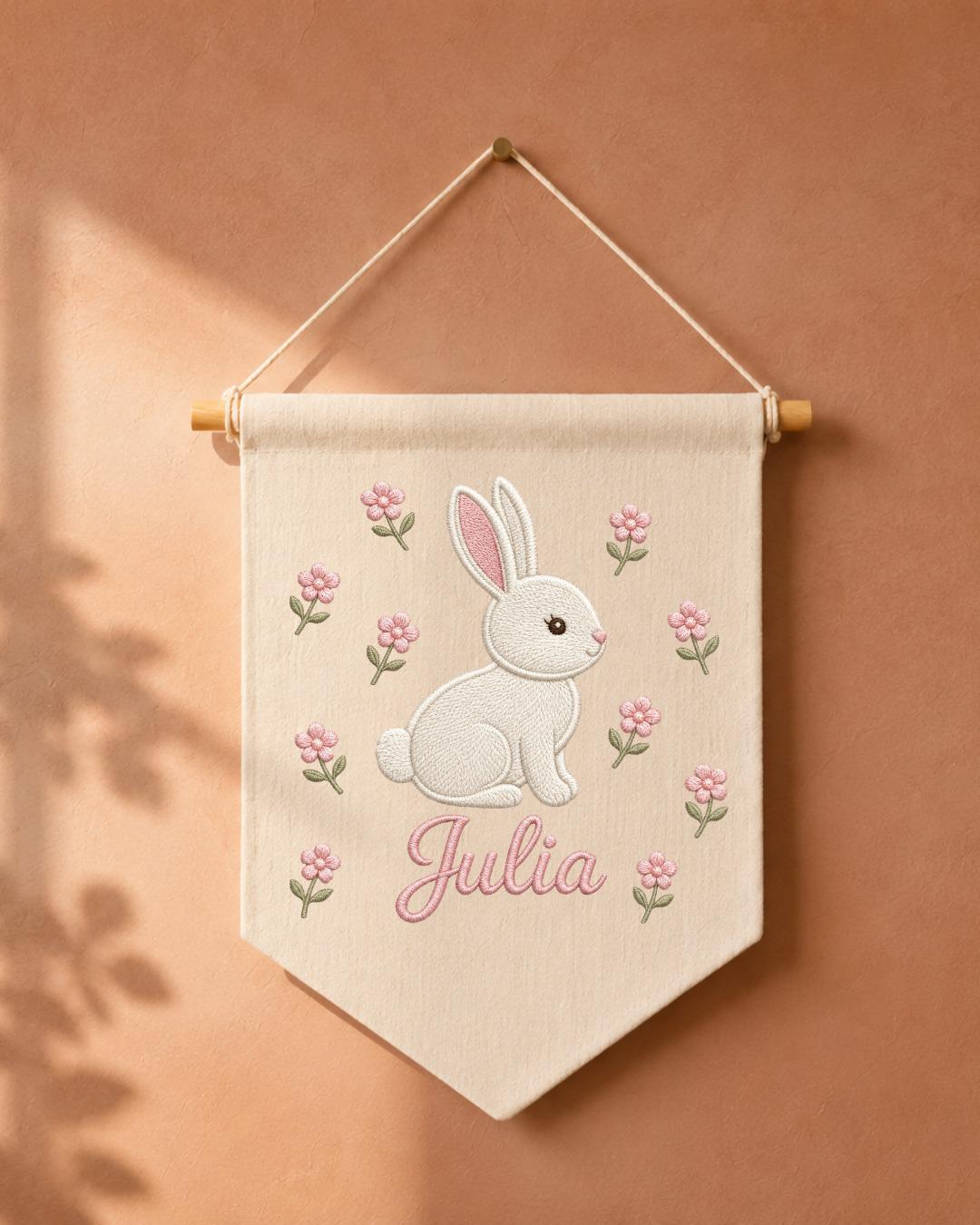 Personalized Bunny Nursery Wall Hanging, Custom Name Embroidered Banner, Floral Baby Girl Room Decor, Rabbit Nursery Art, Baby Shower Gift