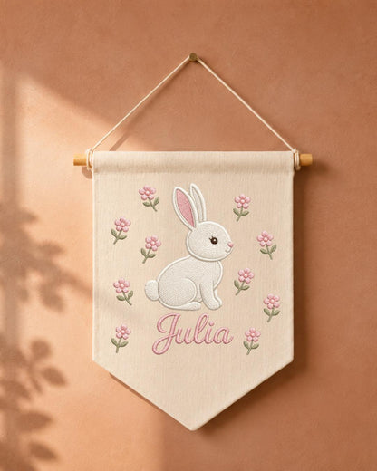 Personalized Bunny Nursery Wall Hanging, Custom Name Embroidered Banner, Floral Baby Girl Room Decor, Rabbit Nursery Art, Baby Shower Gift