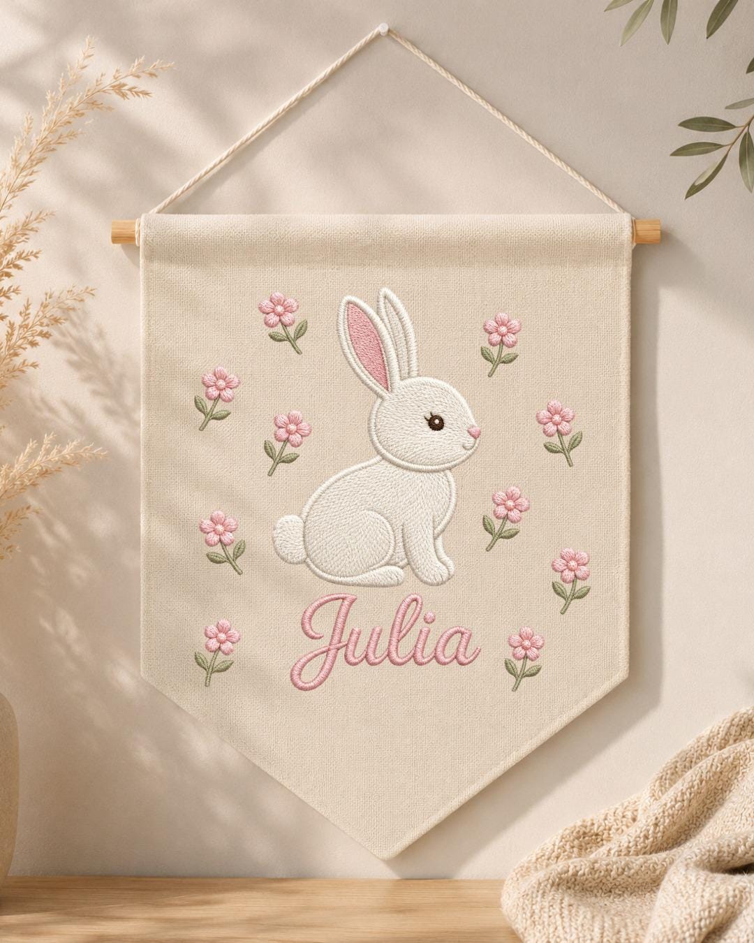 Personalized Bunny Nursery Wall Hanging, Custom Name Embroidered Banner, Floral Baby Girl Room Decor, Rabbit Nursery Art, Baby Shower Gift