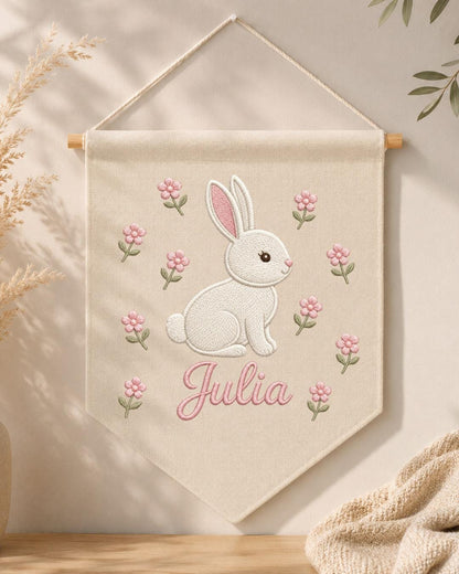 Personalized Bunny Nursery Wall Hanging, Custom Name Embroidered Banner, Floral Baby Girl Room Decor, Rabbit Nursery Art, Baby Shower Gift