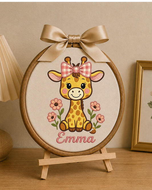 Personalized Embroidered Giraffe Ornament, Custom Baby Name Hoop, Floral Safari Nursery Decor, Baby Girl Gift, Newborn Keepsake