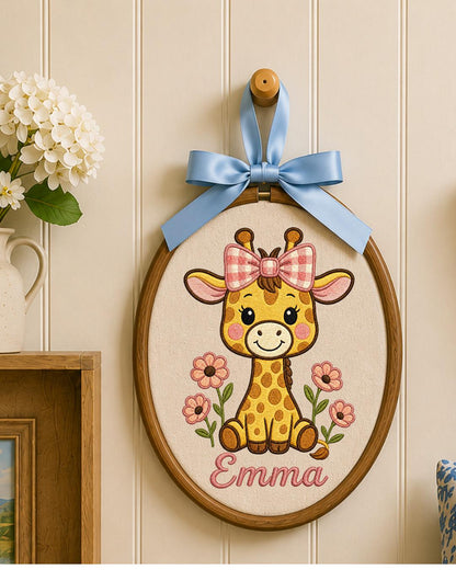 Personalized Embroidered Giraffe Ornament, Custom Baby Name Hoop, Floral Safari Nursery Decor, Baby Girl Gift, Newborn Keepsake