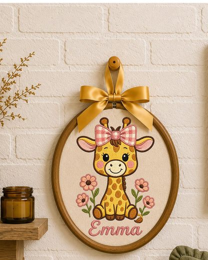 Personalized Embroidered Giraffe Ornament, Custom Baby Name Hoop, Floral Safari Nursery Decor, Baby Girl Gift, Newborn Keepsake