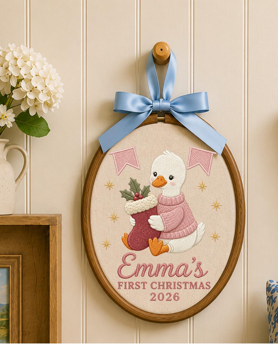 Personalized Embroidered First Christmas Ornament, Custom Baby Name Goose Hoop, Baby Girl Christmas 2026 Keepsake, Nursery Decor
