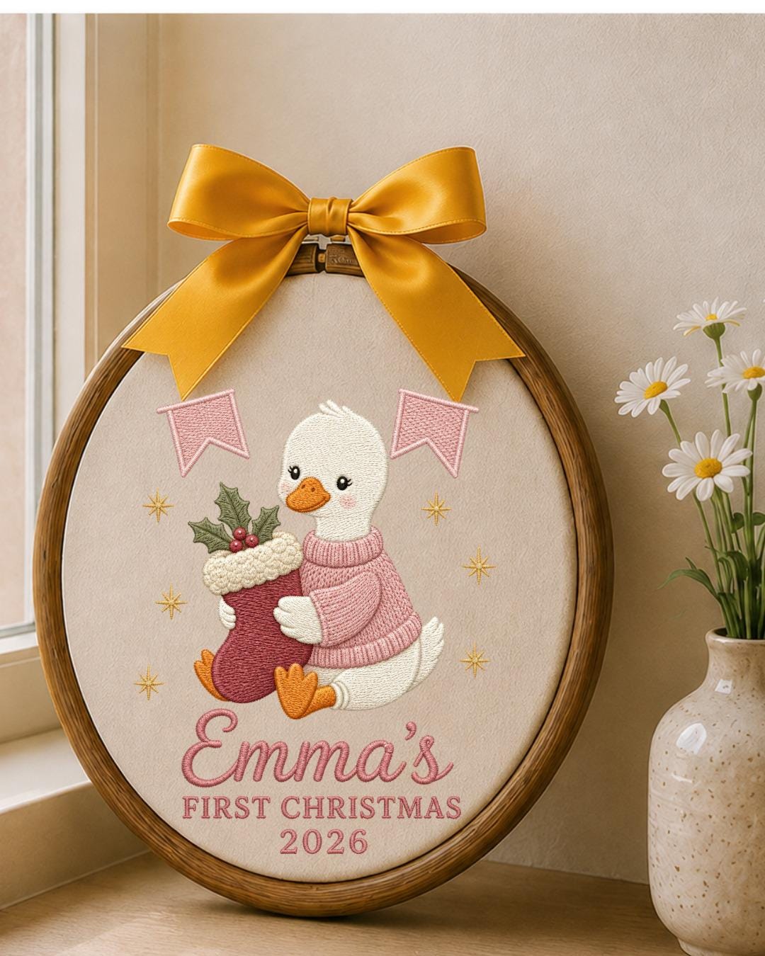 Personalized Embroidered First Christmas Ornament, Custom Baby Name Goose Hoop, Baby Girl Christmas 2026 Keepsake, Nursery Decor