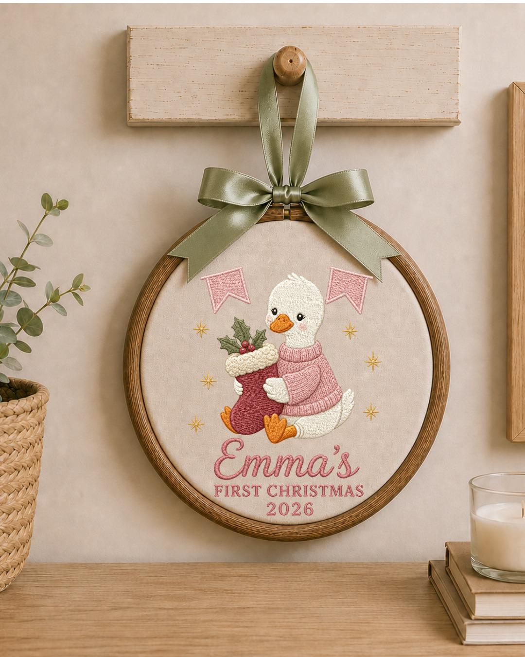 Personalized Embroidered First Christmas Ornament, Custom Baby Name Goose Hoop, Baby Girl Christmas 2026 Keepsake, Nursery Decor
