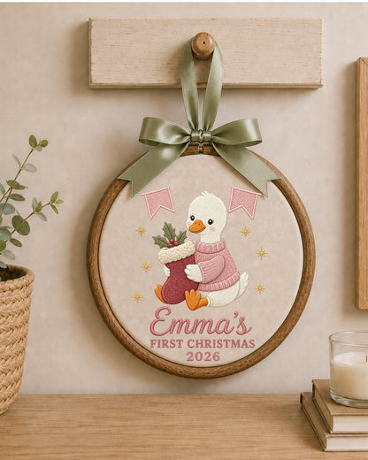 Personalized Embroidered First Christmas Ornament, Custom Baby Name Goose Hoop, Baby Girl Christmas 2026 Keepsake, Nursery Decor