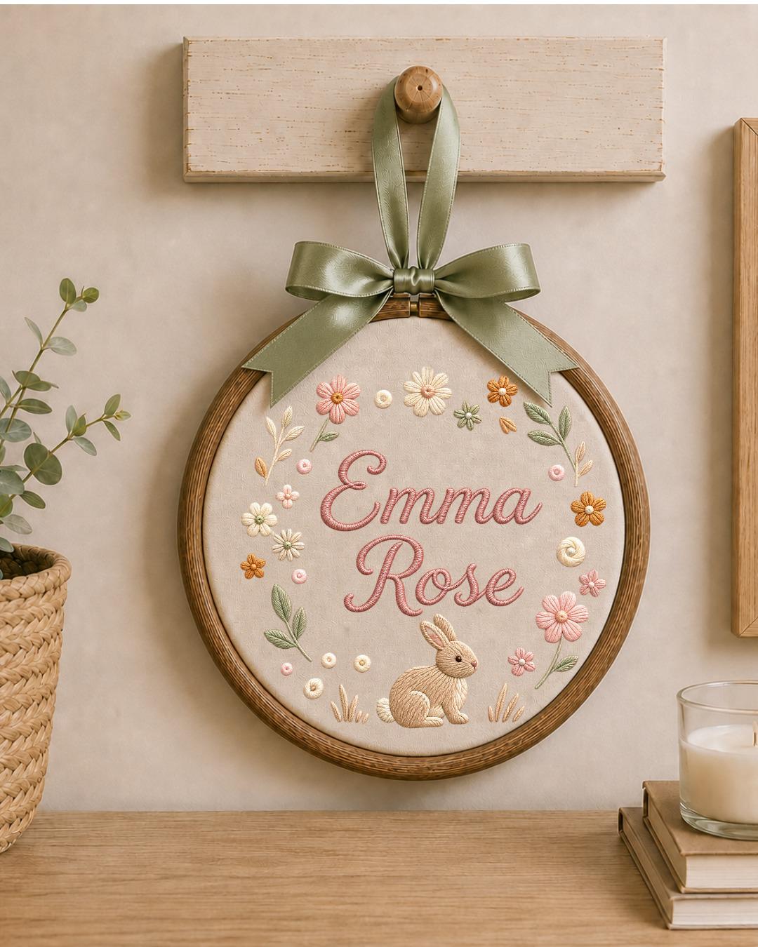 Personalized Embroidered Bunny Ornament, Custom Baby Name Hoop, Floral Nursery Wall Decor, Baby Girl Gift, Newborn Keepsake