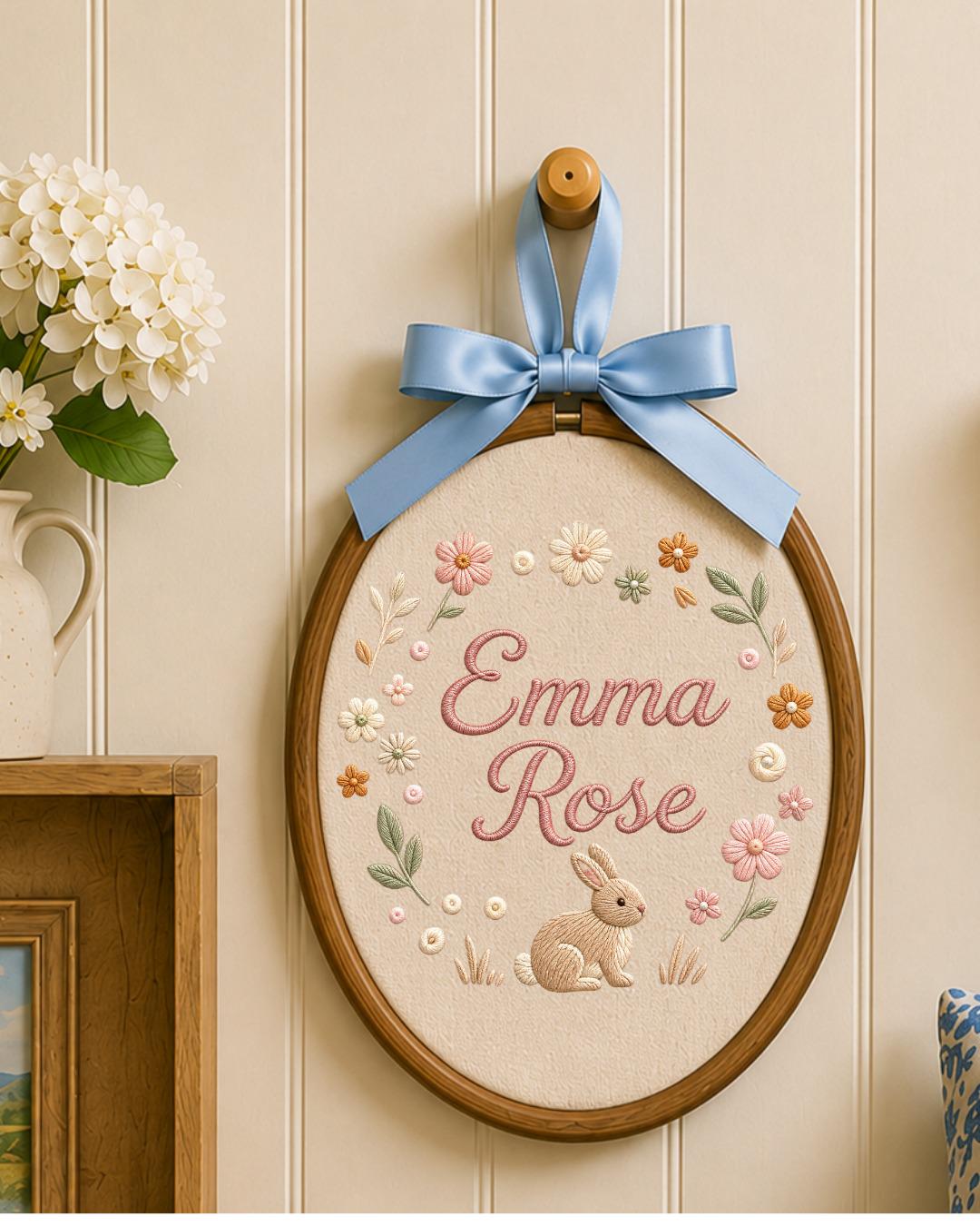 Personalized Embroidered Bunny Ornament, Custom Baby Name Hoop, Floral Nursery Wall Decor, Baby Girl Gift, Newborn Keepsake