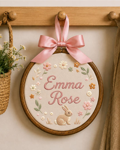 Personalized Embroidered Bunny Ornament, Custom Baby Name Hoop, Floral Nursery Wall Decor, Baby Girl Gift, Newborn Keepsake