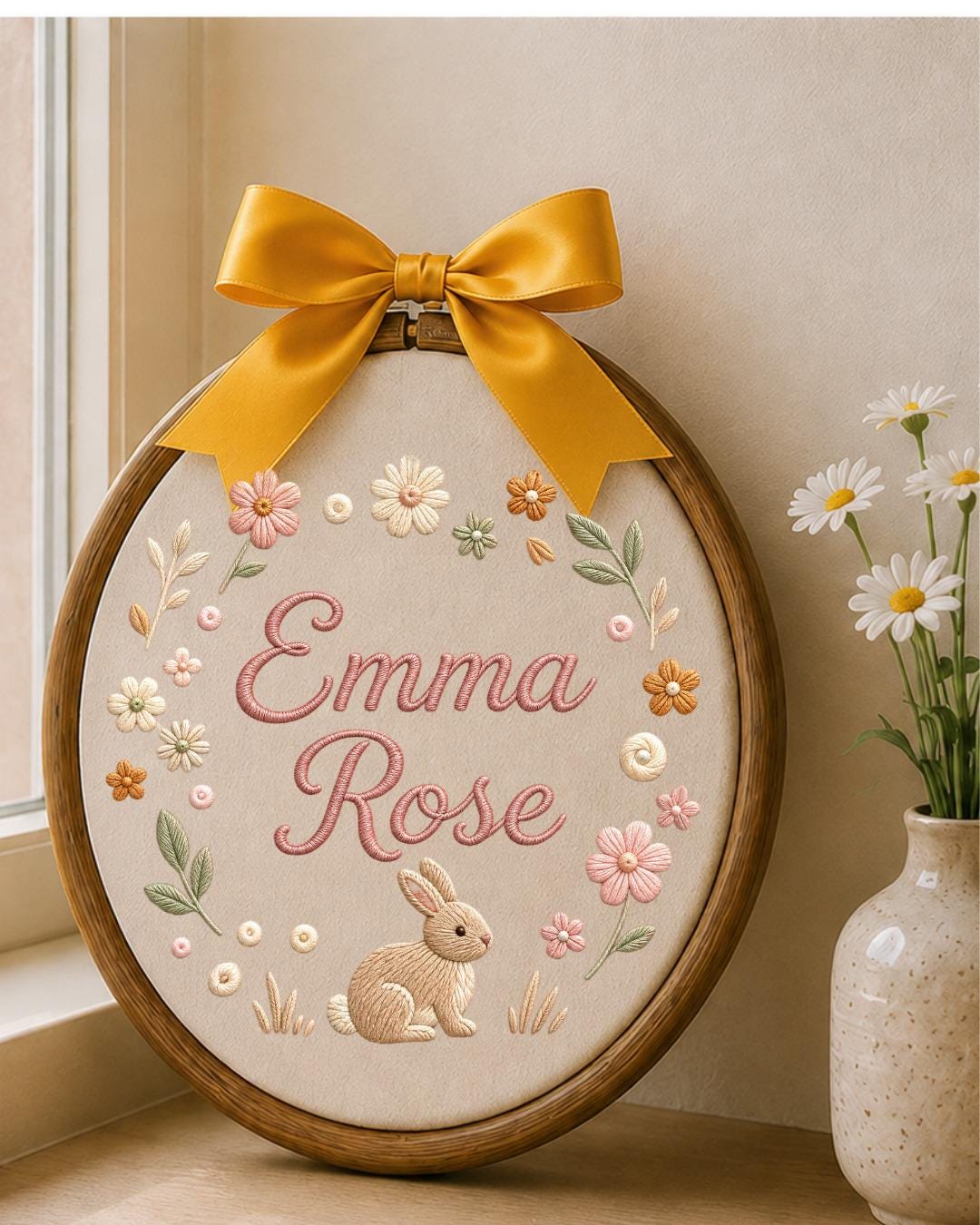 Personalized Embroidered Bunny Ornament, Custom Baby Name Hoop, Floral Nursery Wall Decor, Baby Girl Gift, Newborn Keepsake